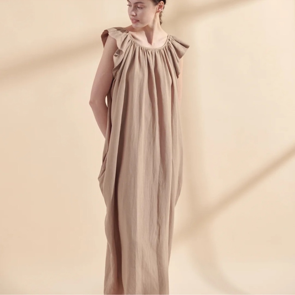Amente Linen Ruffle‎ short sleeve back tie midi dress NEW NWT SIZE S/M